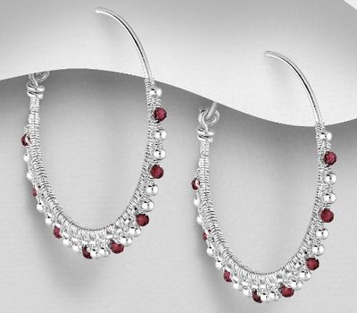 925 Sterling Silver Hoop Earrings, Beaded with Various Gemstone Beads