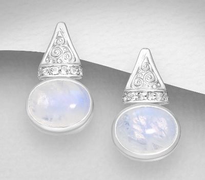 925 Sterling Silver Triangle Push-Back Earrings, Decorated with CZ Simulated Diamonds and Rainbow Moonstones
