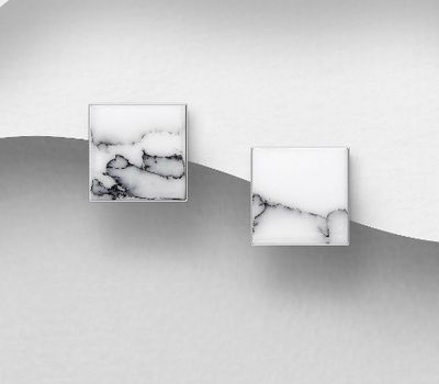 Şəkli böyütmək üçün tiklayın 925 Sterling Silver Square Push-Back Earrings, Decorated with Howlite