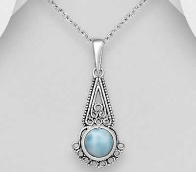 925 Sterling Silver Oxidized Swirl Pendant, Decorated with Circle Larimar