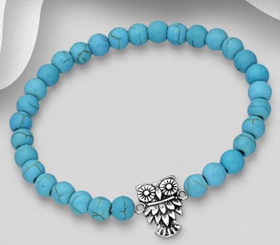 Şəkli böyütmək üçün tiklayın 925 Sterling Silver Elastic Oxidized Owl Bracelet, Beaded with Various Gemstones