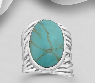 925 Sterling Silver Layered Ring, Decorated with Oval-Shaped Reconstructed Turquoise or Various Colored Resins