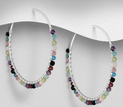 Malın səhifəsinə keç 925 Sterling Silver Hoop Earrings, Beaded with Amazonite, Amethyst, Apatite, Black Agate, Garnet, Moonstone, Peridot and Rainbow Moonstone