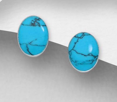 925 Sterling Silver Oval Push-Back Earrings, Decorated with Reconstructed Stone or Resin
