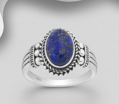 925 Sterling Silver Oxidized Oval Ring, Decorated with Reconstructed Sky-Blue Turquoise or Various Gemstones