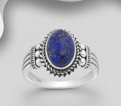 Şəkli böyütmək üçün tiklayın 925 Sterling Silver Oxidized Oval Ring, Decorated with Reconstructed Sky-Blue Turquoise or Various Gemstones