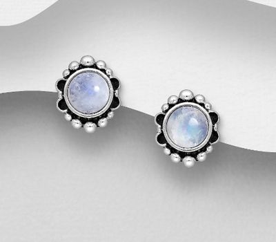 925 Sterling Silver Oxidized Push-Back Earrings, Decorated with Rainbow Moonstones