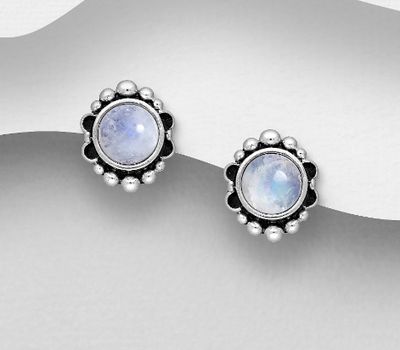 Malın səhifəsinə keç 925 Sterling Silver Oxidized Push-Back Earrings, Decorated with Rainbow Moonstones