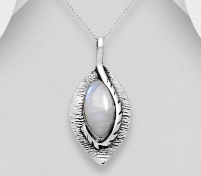 925 Sterling Silver Oxidized Textured Pendant, Decorated with Rainbow Moonstone