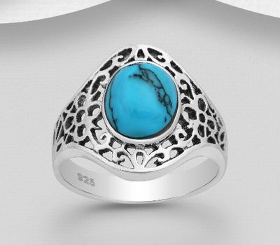 925 Sterling Silver Oxidized Swirl Ring, Decorated with Reconstructed Turquoise