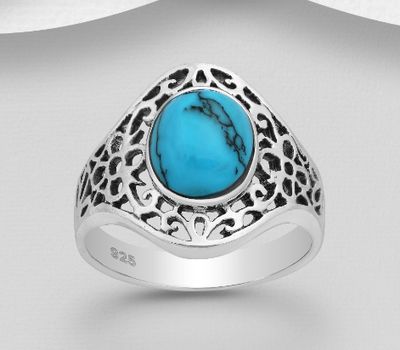 Şəkli böyütmək üçün tiklayın 925 Sterling Silver Oxidized Swirl Ring, Decorated with Reconstructed Turquoise