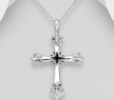 925 Sterling Silver Oxidized Cross and Fleur De Lis Pendant