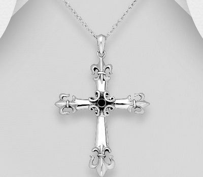 Şəkli böyütmək üçün tiklayın 925 Sterling Silver Oxidized Cross and Fleur De Lis Pendant