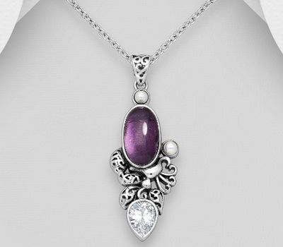 Şəkli böyütmək üçün tiklayın 925 Sterling Silver Oxidized Pendant, Decorated with CZ Simulated Diamonds, Freshwater Pearls, Reconstructed Sky-Blue Turquoise and Various Gemstones