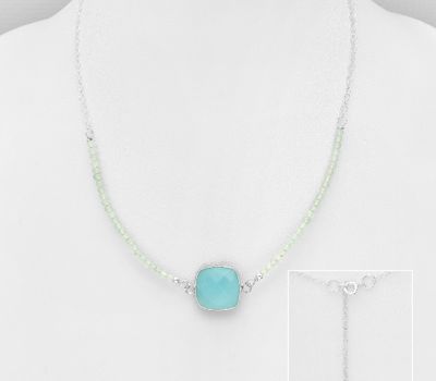 925 Sterling Silver Rectangle Necklace, Decorated with Chalcedony and Sky-Blue Topaz