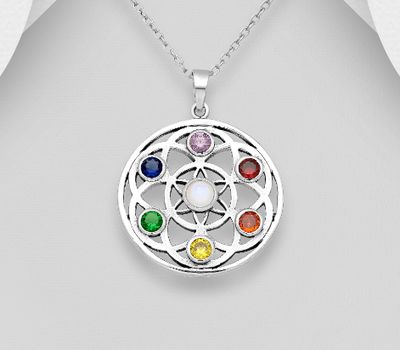 925 Sterling Silver Flower of Life Chakra Pendant, Decorated with Colorful CZ Simulated Diamonds, Glass and Rainbow Moonstone