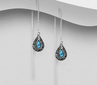 925 Sterling Silver Droplet Threader Earrings, Decorated with Reconstructed Turquoise or Various Colored Resins