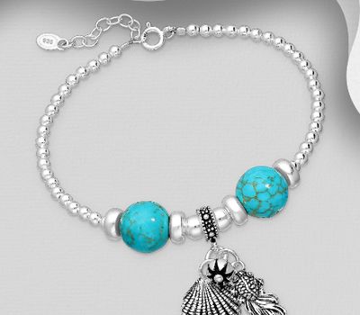 925 Sterling Silver Bracelet Featuring Ball, Fish and Shell, Beaded with Various Gemstone Beads
