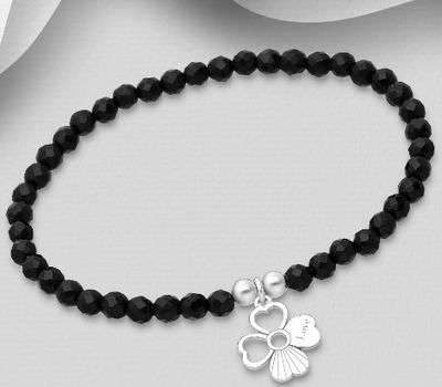 925 Sterling Silver Elastic Flower and Love Bracelet, Beaded with Onyx