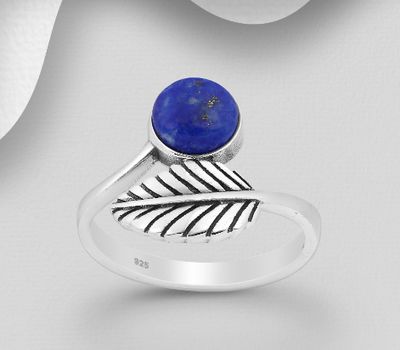 925 Sterling Silver Oxidized Leaf Ring, Decorated with Reconstructed Stone or Various Gemstones