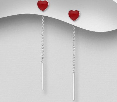 925 Sterling Silver Heart Threader Earrings, Decorated with Resin