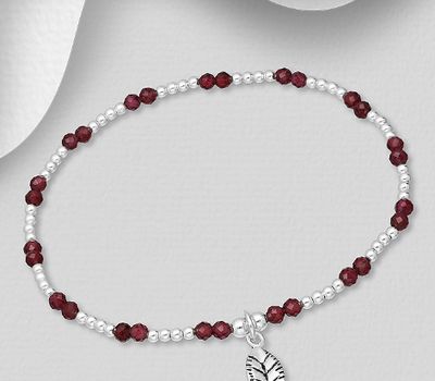 925 Sterling Silver Elastic Leaf Bracelet, Beaded with Reconstructed Light Green Turquoise or Garnets