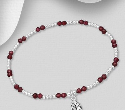 Şəkli böyütmək üçün tiklayın 925 Sterling Silver Elastic Leaf Bracelet, Beaded with Reconstructed Light Green Turquoise or Garnets