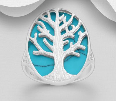 925 Sterling Silver Tree of Life Ring, Decorated with Reconstructed Sky Blue Turquoise