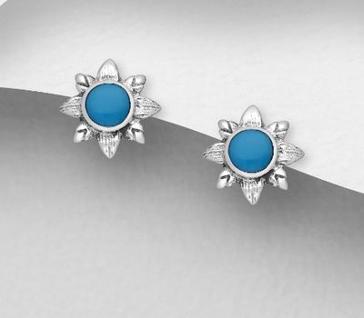 925 Sterling Silver Flower Push-Back Earrings, Decorated with Reconstructed Stone or Resin