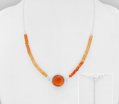 925 Sterling Silver Circle Necklace, Decorated with Carnelian