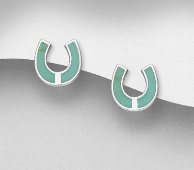 925 Sterling Silver Horseshoe Push-Back Earrings, Decorated with Reconstructed Light Green Turquoise
