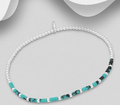 Şəkli böyütmək üçün tiklayın 925 Sterling Silver Elastic Ball Bracelet, Decorated with Reconstructed Light Green Turquoise