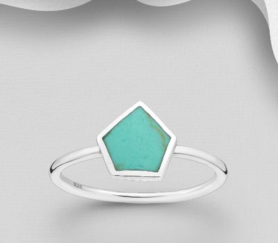 925 Sterling Silver Pentagon Ring, Decorated with Reconstructed Turquoise