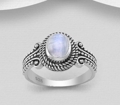 925 Sterling Silver Oxidized Swirl Ring, Decorated with Rainbow Moonstone