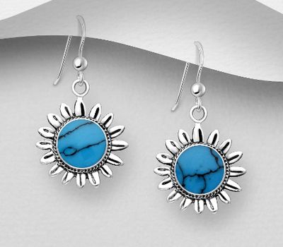 Şəkli böyütmək üçün tiklayın 925 Sterling Silver Sunflower Earrings, Decorated with Reconstructed Turquoise or Various Colored Resins