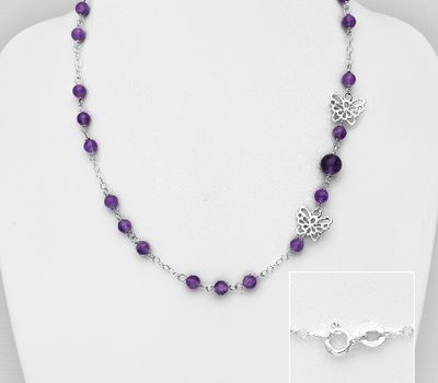 ITALIAN DELIGHT - 925 Sterling Silver Butterfly Necklace, Decorated with Various Gemstone Beads, Made in Italy.