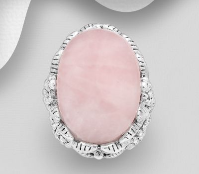 925 Sterling Silver Leaf Ring, Decorated with Rose Quartz