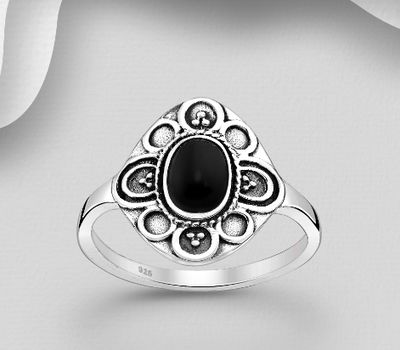 925 Sterling Silver Oxidized Oval Ring, Decorated with Reconstructed Stone or Resin