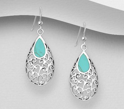925 Sterling Silver Swirl Hook Earrings, Decorated with Reconstructed Turquoise or Various Colored Resins