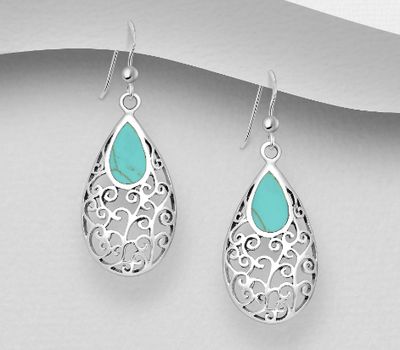 Şəkli böyütmək üçün tiklayın 925 Sterling Silver Swirl Hook Earrings, Decorated with Reconstructed Turquoise or Various Colored Resins