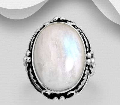 925 Sterling Silver Ring, Decorated with Rainbow Moonstone