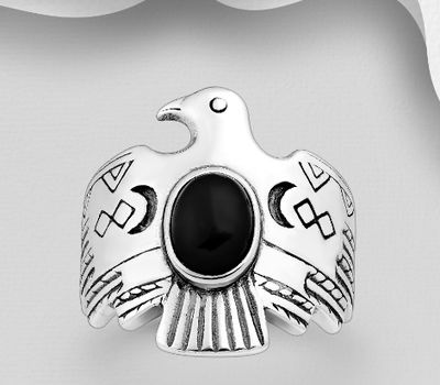 925 Sterling Silver Eagle Ring, Decorated with Various Gemstones