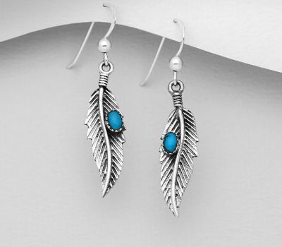925 Sterling Silver Oxidized Feather Hook Earrings, Decorated with Reconstructed Turquoise or Various Colored Resins