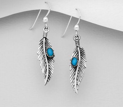 Şəkli böyütmək üçün tiklayın 925 Sterling Silver Oxidized Feather Hook Earrings, Decorated with Reconstructed Turquoise or Various Colored Resins