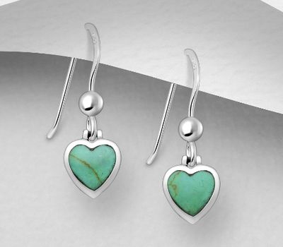925 Sterling Silver Heart Hook Earrings, Decorated with Reconstructed Turquoise