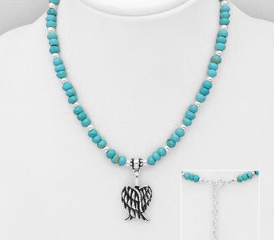 Şəkli böyütmək üçün tiklayın 925 Sterling Silver Wings Necklace, Beaded with Reconstructed Stone or Various Gemstones
