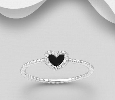 925 Sterling Silver Heart Ring, Decorated with CZ Simulated Diamonds and Onyx