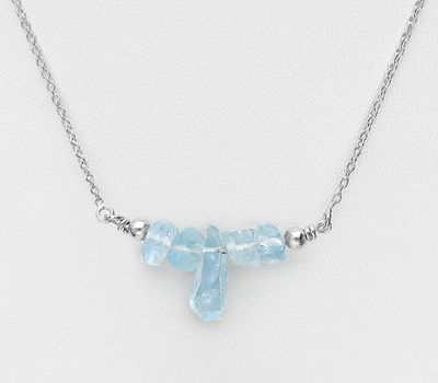 925 Sterling Silver Necklace, Beaded with Aquamarine. Handmade. Design, Shape and Size Will Vary.