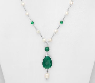 925 Sterling Silver Necklace, Beaded with Freshwater Pearls and Various Gemstones