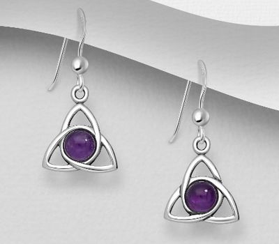 925 Sterling Silver Celtic Hook Earrings, Decorated with Amethyst